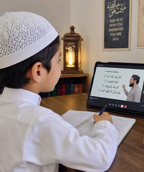 Child engaged in online Islamic classes on a tablet at home