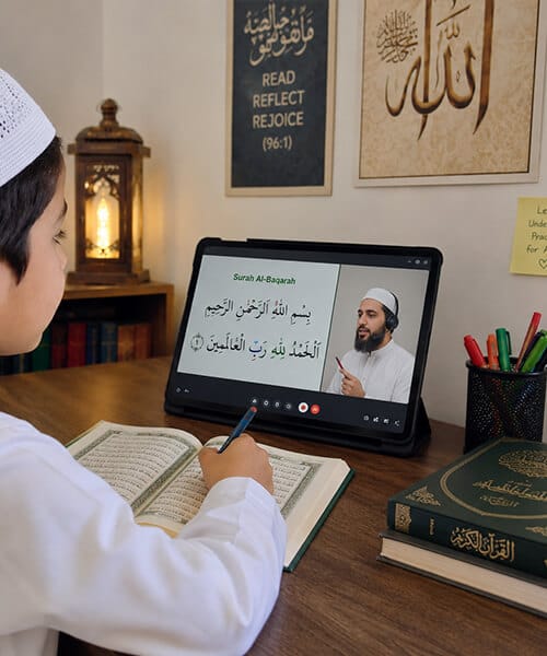 Young student learning Quran recitation in an online Islamic class