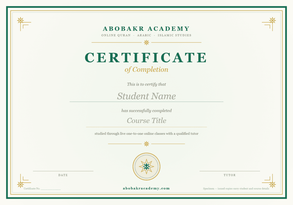Sample Abobakr Academy certificate of completion showing student name, course and tutor fields