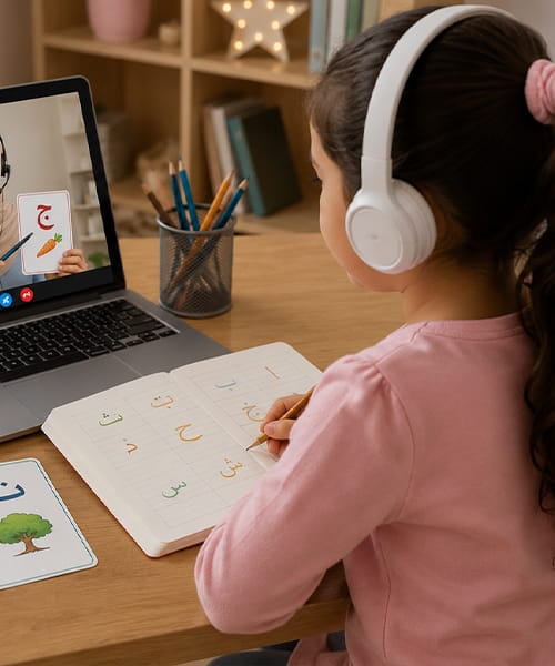 Child taking a live Arabic class online with a tutor