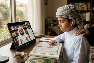 Child memorising Quran during an online hifz lesson with headphones