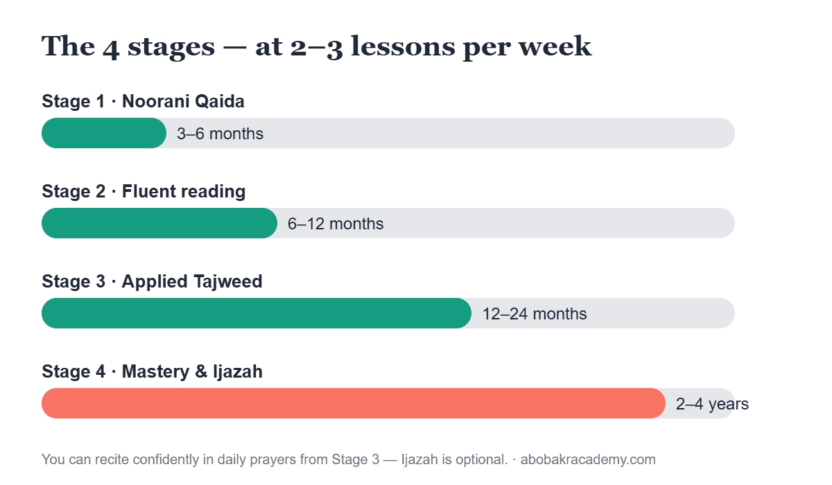 Bar chart of the four stages to learn Quran with Tajweed and how many months each stage takes