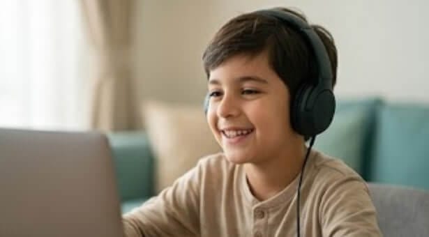 Child learning Quran recitation in an online Islamic class