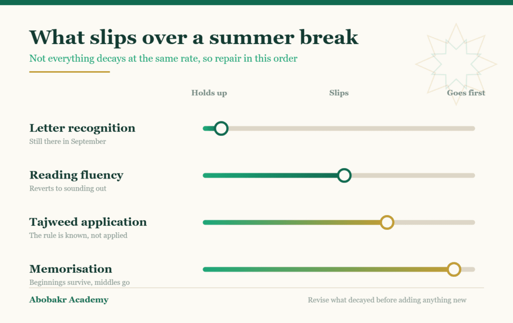Chart showing what a child loses over a summer break: letter recognition holds up, reading fluency slips, and tajweed application and Quran memorisation go first