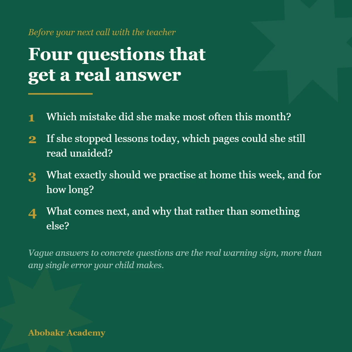 Card listing four questions to ask a child’s Quran teacher, including which mistake recurred most this month and which pages the child could still read unaided.
