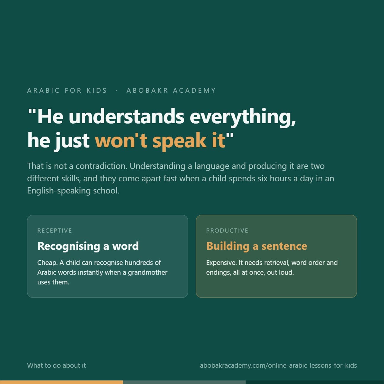 Why a child can understand Arabic but not speak it: recognising a word is receptive and cheap, while building a sentence is productive and expensive, needing retrieval, word order and endings at once.