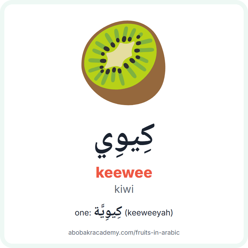 Kiwi in Arabic: كِيوِي (keewee), and one of them كِيوِيَّة (keeweeyah). Picture card with a picture of a kiwi, the Arabic word with its vowel marks and how to say it.