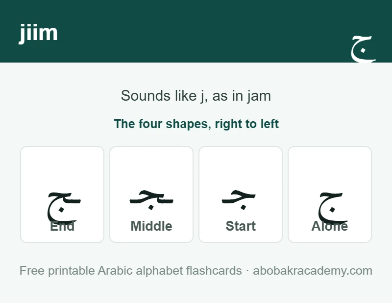 Flashcard for the Arabic letter jiim: the letter shown alone, then at the start, middle and end of a word, with the note that it sounds like j, as in jam.