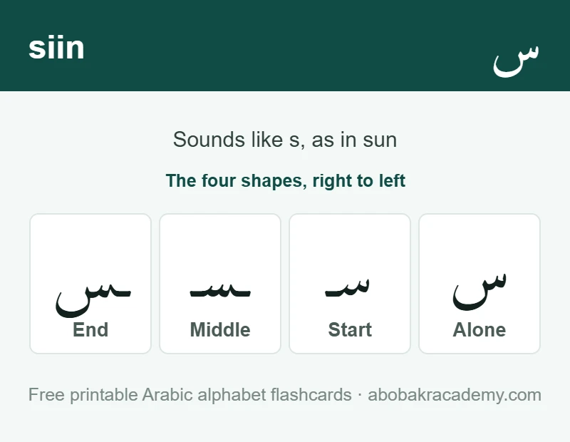 Flashcard for the Arabic letter siin: the letter shown alone, then at the start, middle and end of a word, with the note that it sounds like s, as in sun.