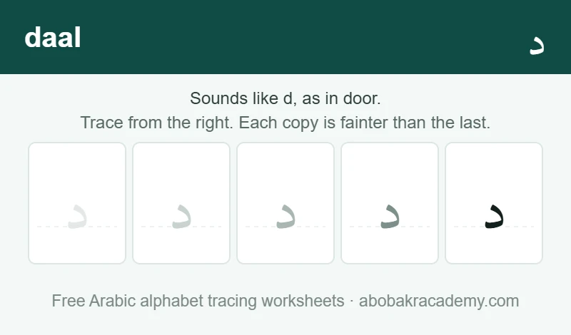 Tracing block for the Arabic letter daal: the letter printed five times in a row, solid on the right where the child starts and fading to a faint outline on the left, with a dashed guide line through each copy.