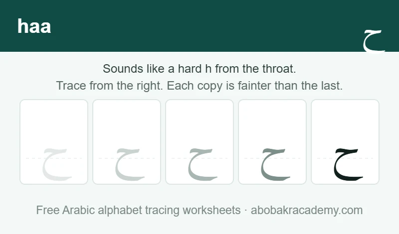 Tracing block for the Arabic letter haa: the letter printed five times in a row, solid on the right where the child starts and fading to a faint outline on the left, with a dashed guide line through each copy.