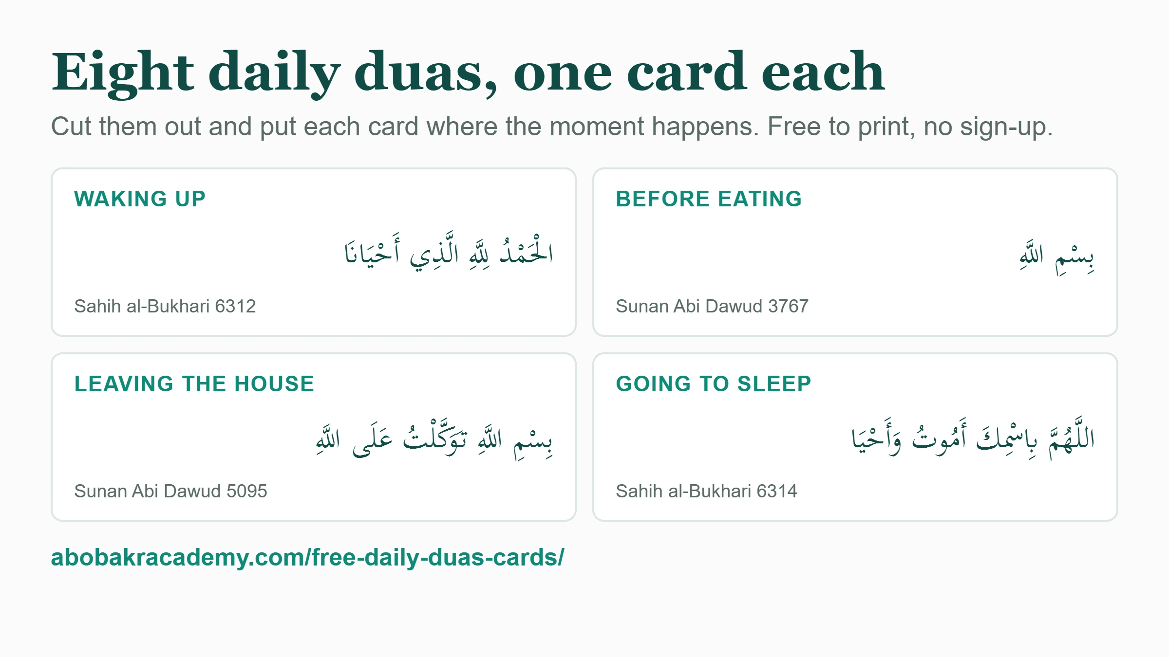 Preview of the printable dua card sheet, showing four of the eight cards with the Arabic, the moment each belongs to and its hadith reference.