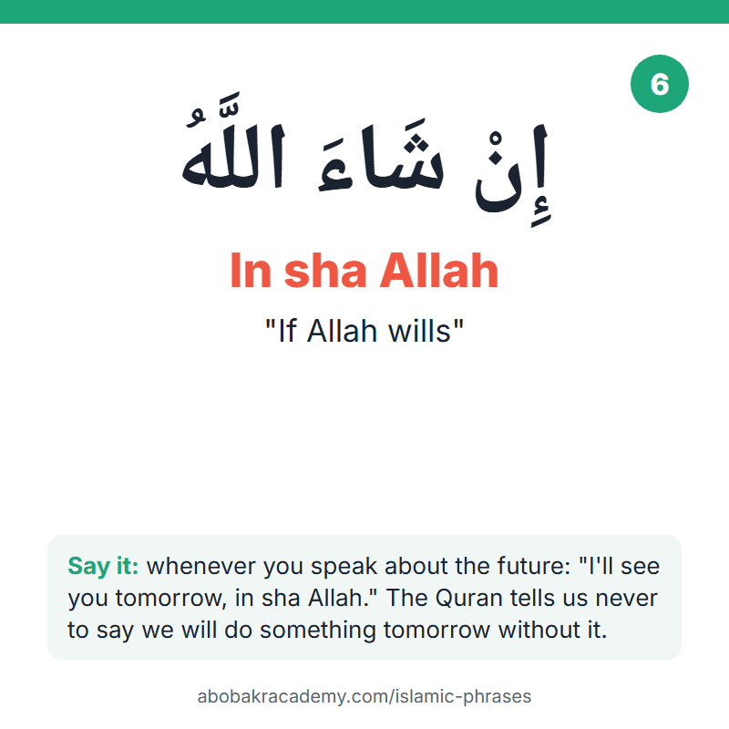 Islamic phrase card: In sha Allah, إِنْ شَاءَ اللَّهُ, meaning "if allah wills". Say it whenever you speak about the future: "I'll see you tomorrow, in sha Allah." The Quran tells us never to say we will do something tomorrow without it.