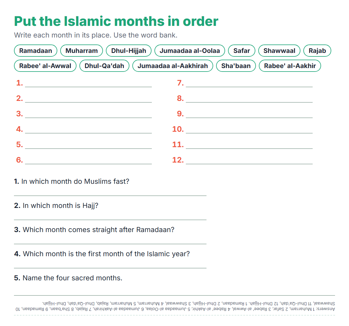 Worksheet for children: a word bank of the 12 Islamic months to write in order, and five questions about which month is for fasting, Hajj, the new year and the sacred months