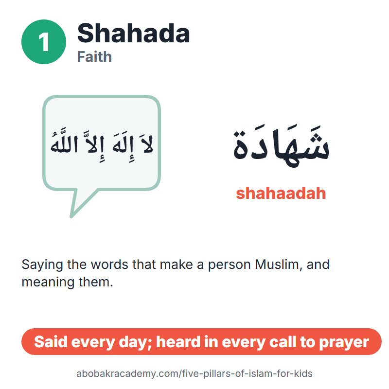 Five pillars of Islam for kids, pillar 1: Shahada, faith, شَهَادَة (shahaadah). Picture of a speech bubble reading la ilaha illallah; said every day; heard in every call to prayer.