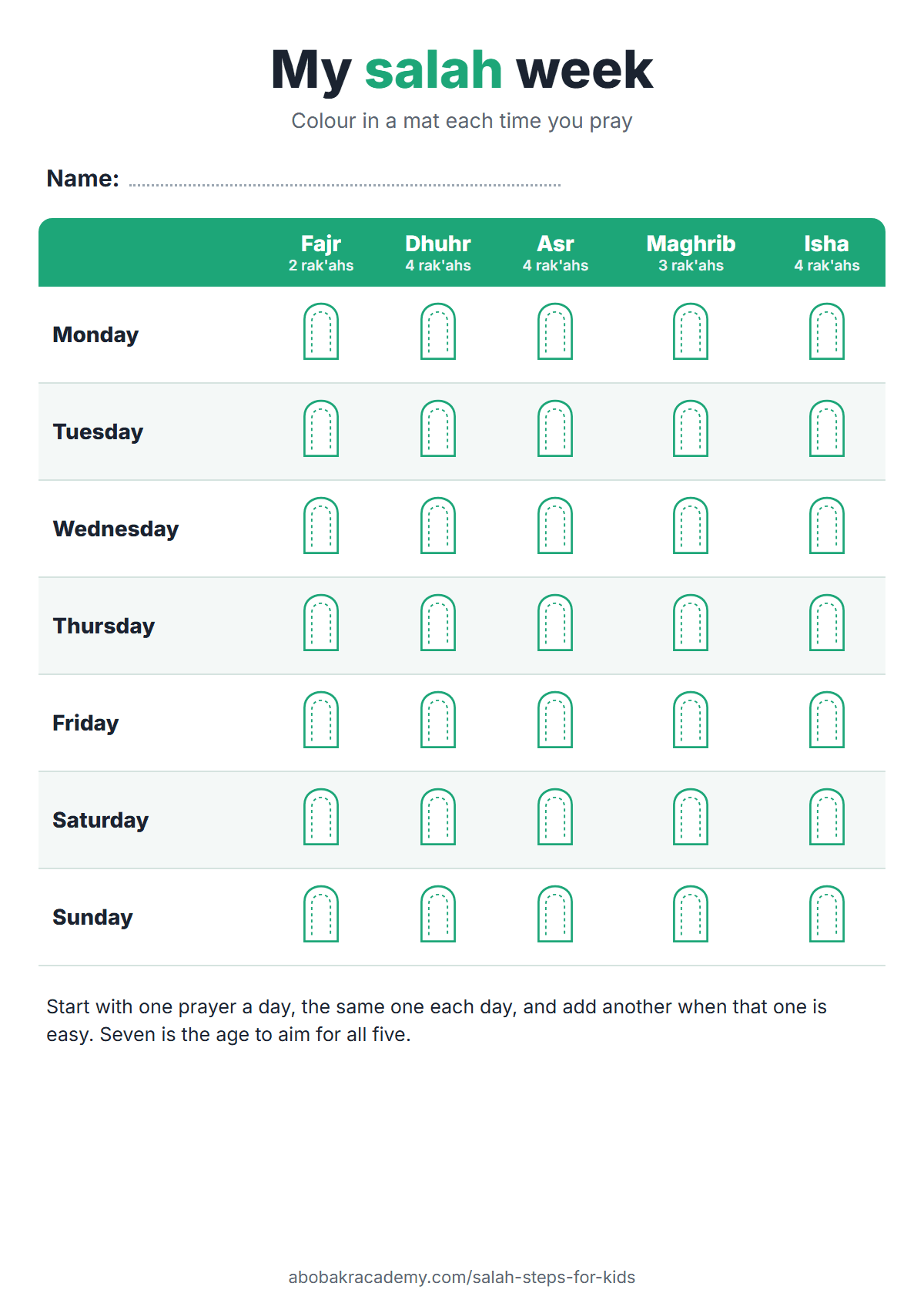 Printable salah tracker for kids: the seven days of the week against the five prayers, Fajr, Dhuhr, Asr, Maghrib and Isha, with a small prayer mat to colour in for each prayer.