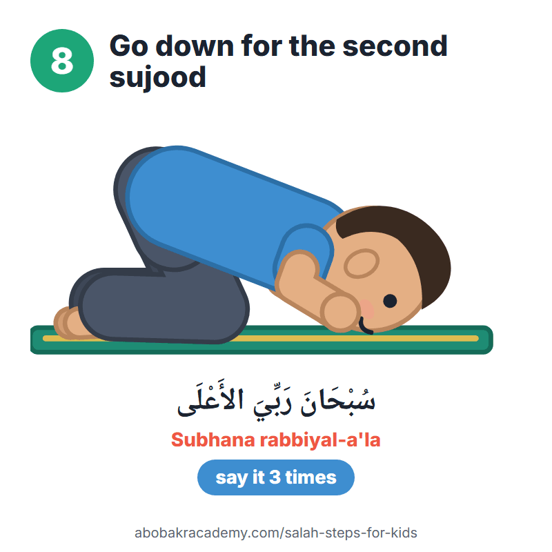Salah step 8 for kids: go down for the second sujood. A child in the second sujood, forehead on the mat and forearms raised. Under it, Subhana rabbiyal-a'la in Arabic.