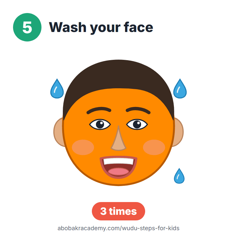 Wudu step 5 for kids: wash your face, three times. Drawing of a child with the whole face coloured orange.