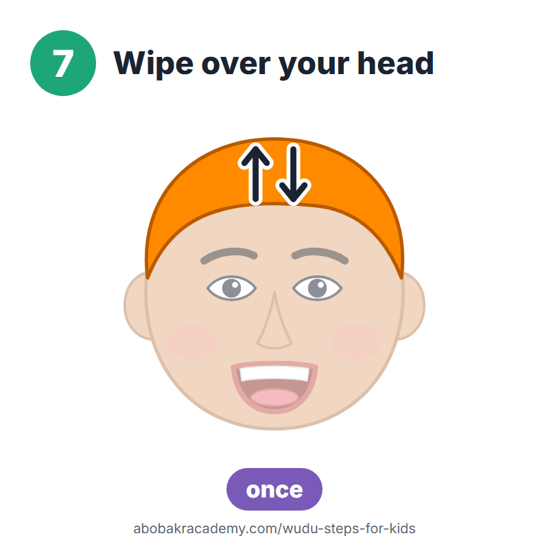 Wudu step 7 for kids: wipe over your head, once. Drawing of a child with the hair coloured orange, and arrows showing the wipe up over the head and back.