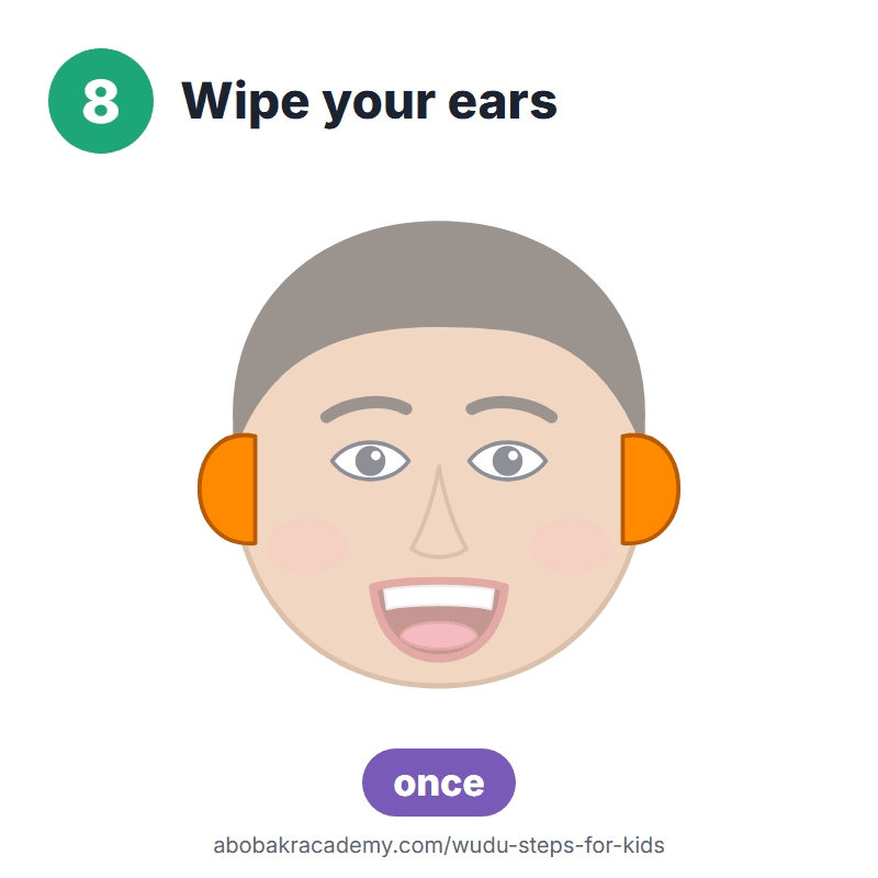 Wudu step 8 for kids: wipe your ears, once. Drawing of a child with both ears coloured orange.