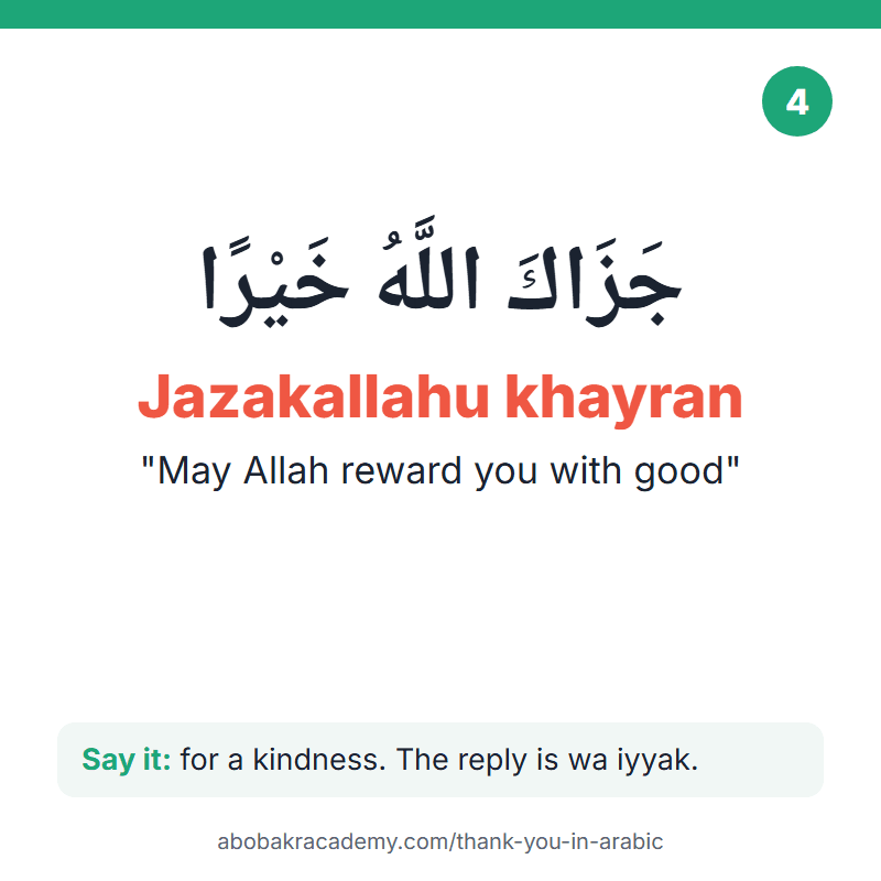 Thank you in Arabic: Jazakallahu khayran, جَزَاكَ اللَّهُ خَيْرًا, meaning "may allah reward you with good". Card with the Arabic, how to say it and what it means.
